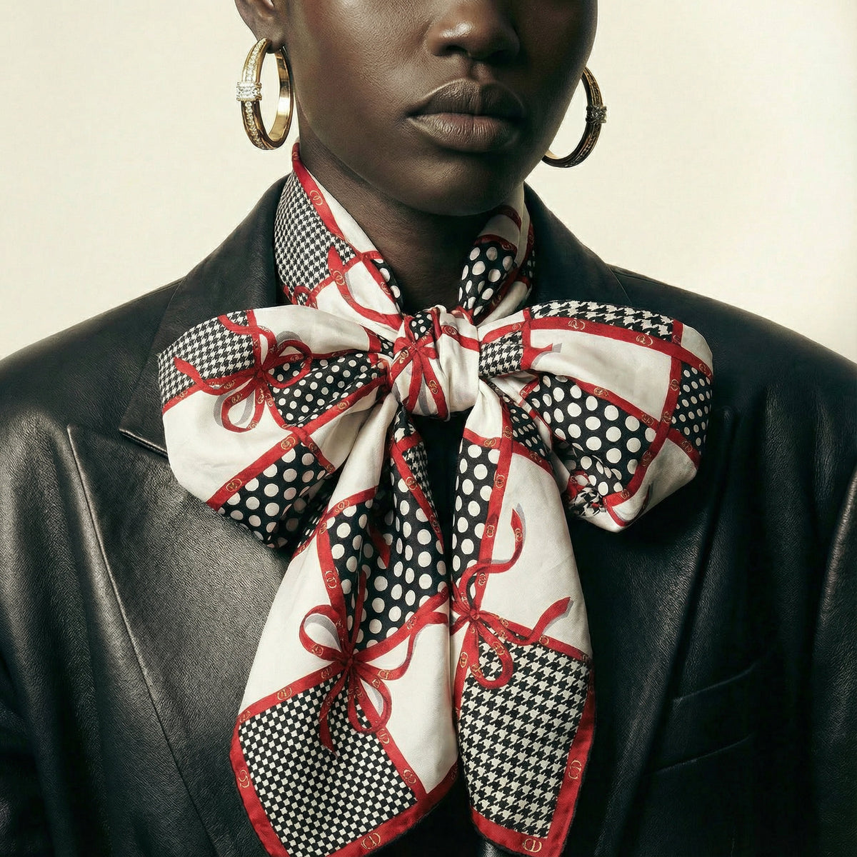 Foulard Carré Christian Dior Vintage en Soie – Motif Carreaux et Pois Noir & Blanc avec Rubans Rouges