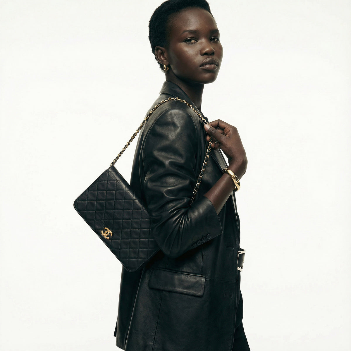 Vintage Chanel Timeless Single Flap Bag in Black Lambskin Leather