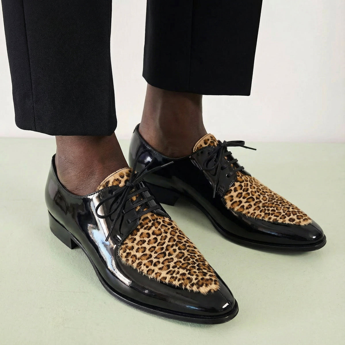 Celine SS20 Hedi Slimane Leopard Print Patent Leather Pointed Toe Derbies