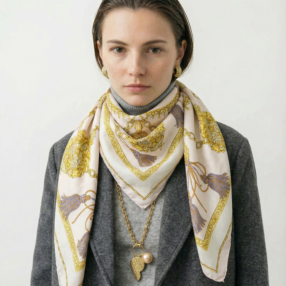 Vintage Celine Baroque Tassel Silk Scarf in Pink & Gold