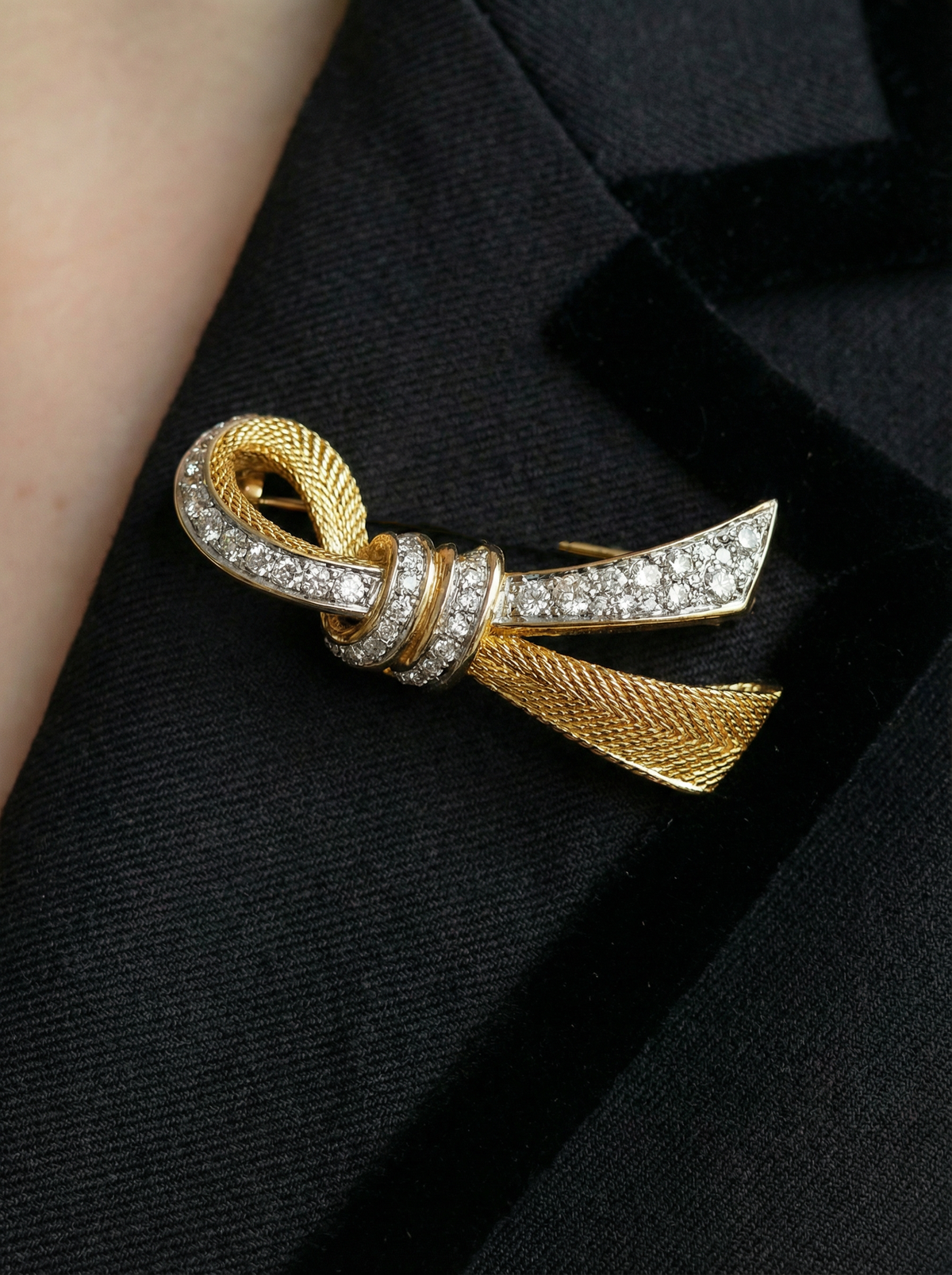 Vintage Nina Ricci Gold-Tone Ribbon Brooch with Rhinestones