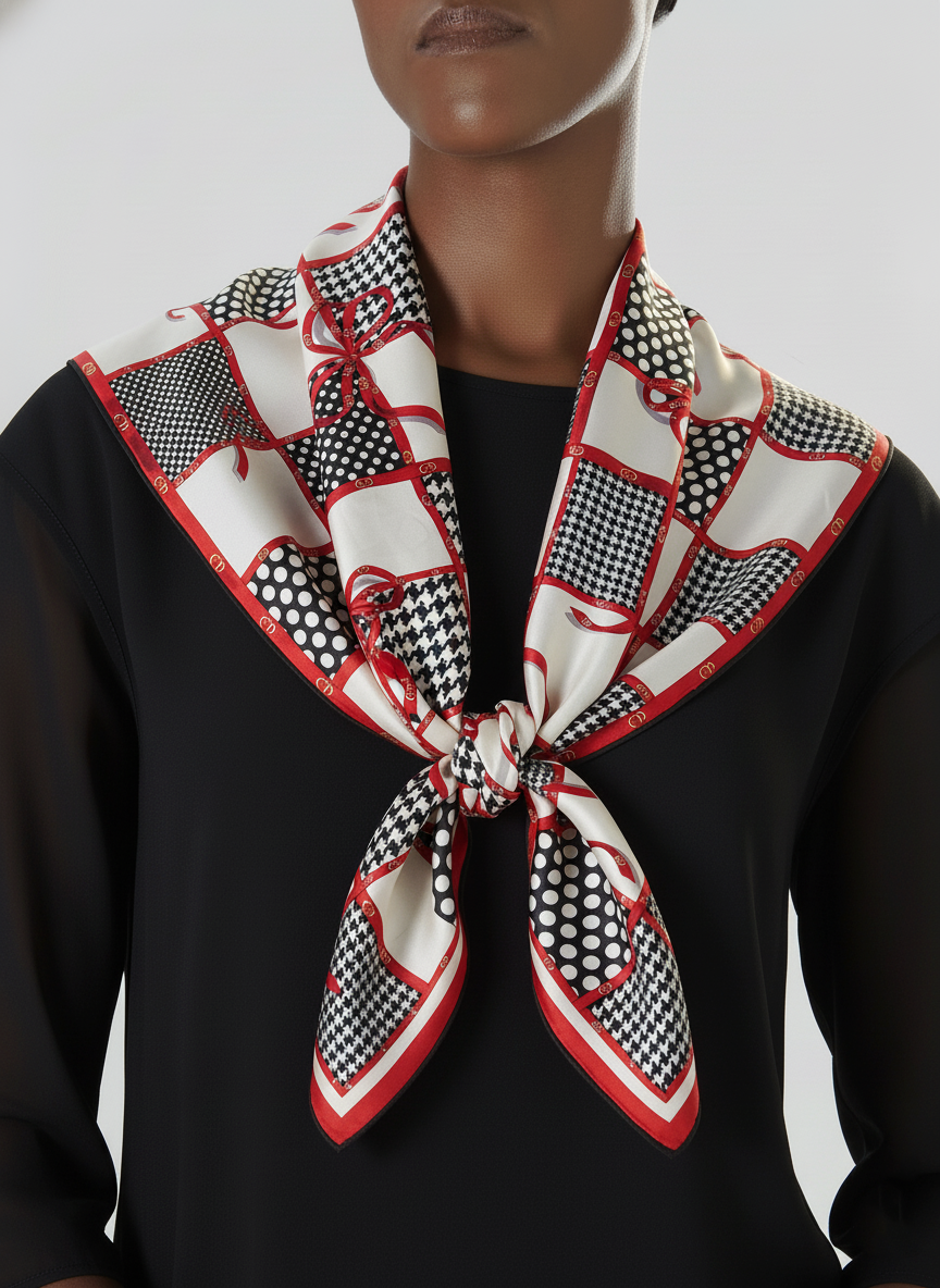 Foulard Carré Christian Dior Vintage en Soie – Motif Carreaux et Pois Noir & Blanc avec Rubans Rouges
