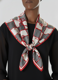 Foulard Carré Christian Dior Vintage en Soie – Motif Carreaux et Pois Noir & Blanc avec Rubans Rouges