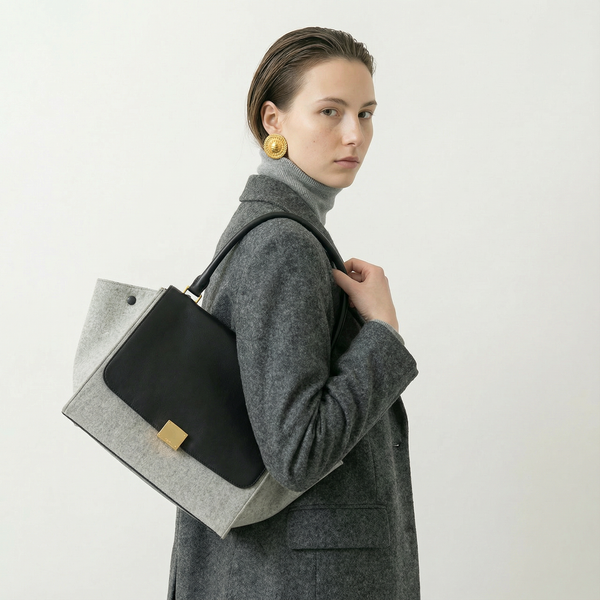 Sac trapèze Celine en cuir lisse noir et laine feutrée grise