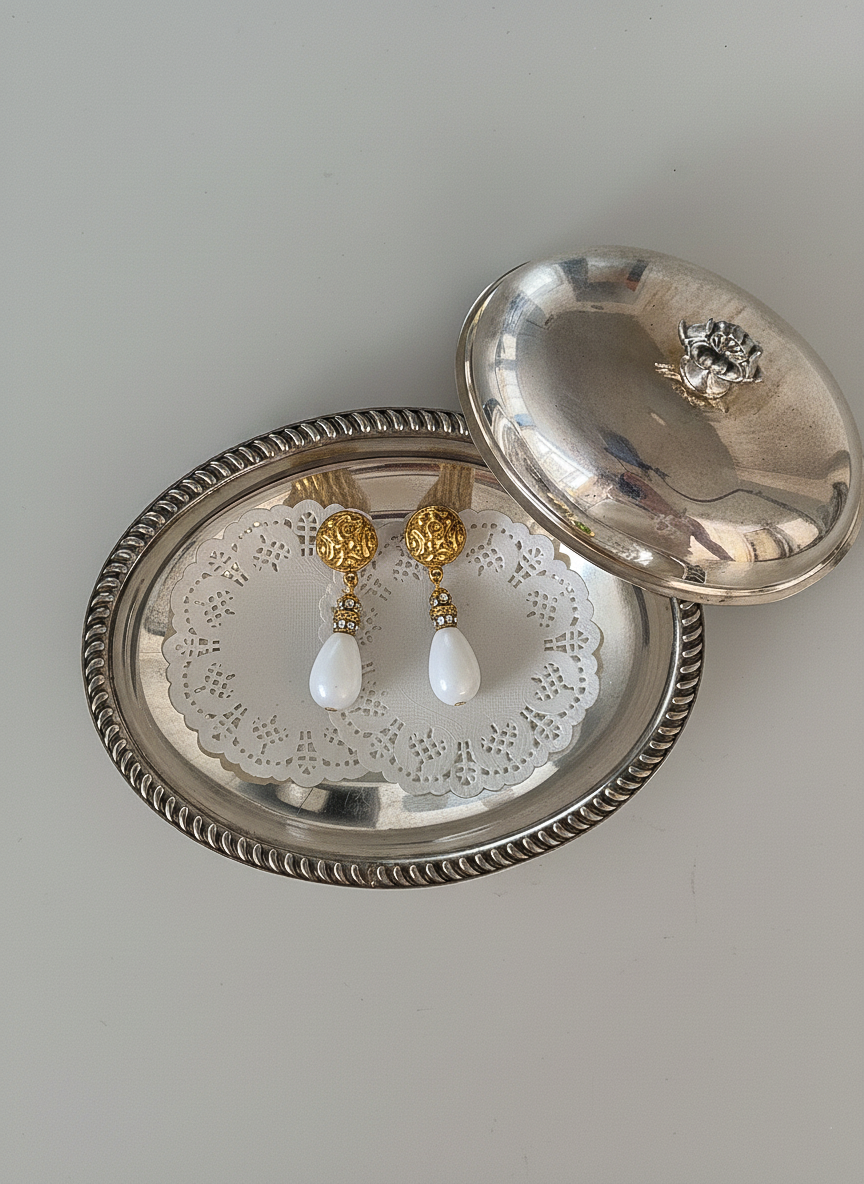Yves Saint Laurent Vintage Gold and White Milk Glass Drop Earrings