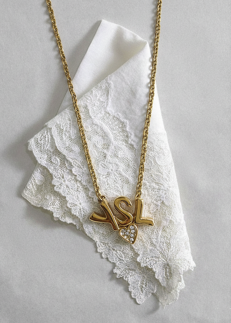1990s YSL Gold-Plated Necklace with Crystal Heart Pendant