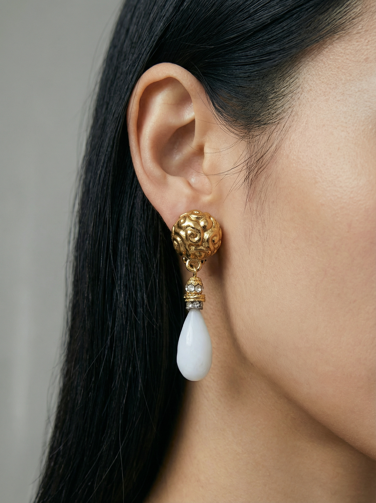 Yves Saint Laurent Vintage Gold and White Milk Glass Drop Earrings